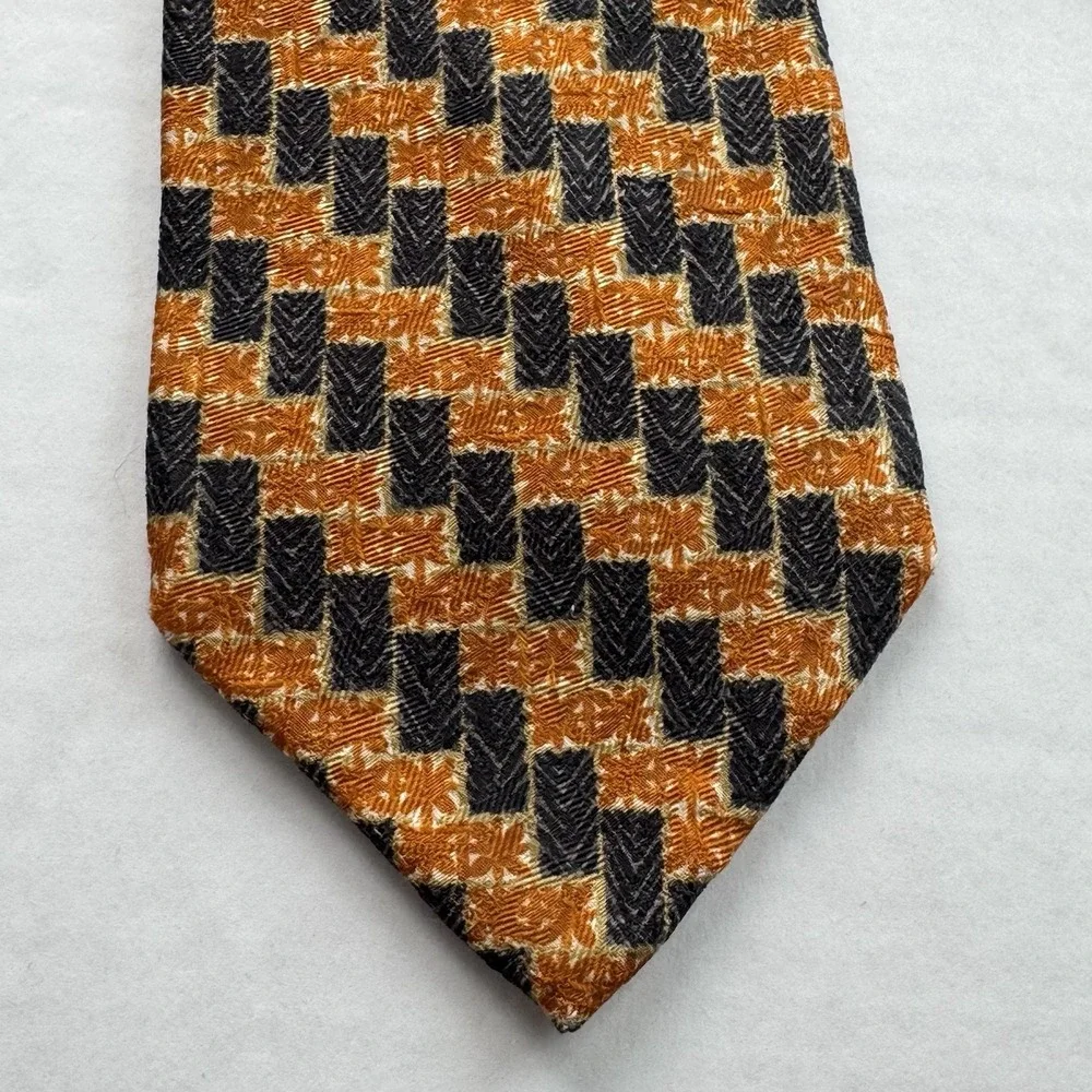 Ermenegildo Zegna Tie Men's Orange Black Houndstooth 100% Silk Made Italy